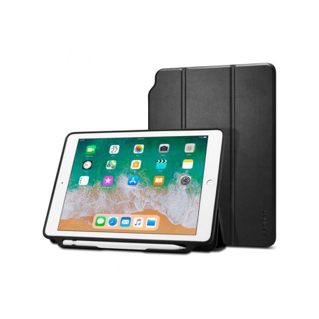 funda ipad 9.7 smart fold 2 spigen negro funda para iPad 9.7” en negro, vista frontal y trasera con cubierta plegable tipo tríptico que sirve como soporte horizontal; textura de cuero suave, cierre magnético compatible con vigilia y sueño, compatible con protector de pantalla Spigen y ranura para lápiz; también suele usarse para guardar y proteger accesorios pequeños en viajes.