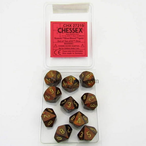 Blue Blood Scarab Dice with Gold Numbers D10 16mm (5/8in) Pack of 10 Dice Chessex
