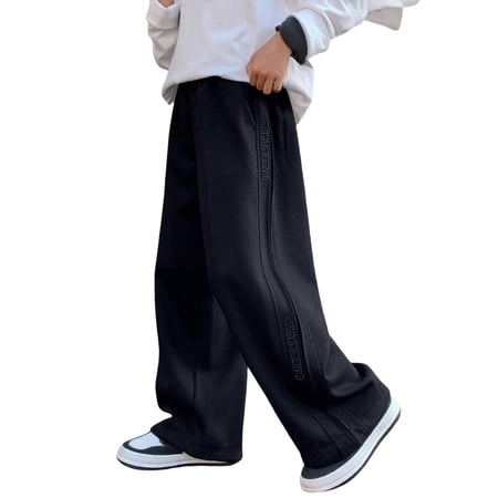 WAYUTE Boys Sweatpants Wide Leg Sports Athletic Workout Pants Elastic Waist Baggy Kids Youth Open Bottom Sweat Pants Outdoor Casual 9-10 Y Black