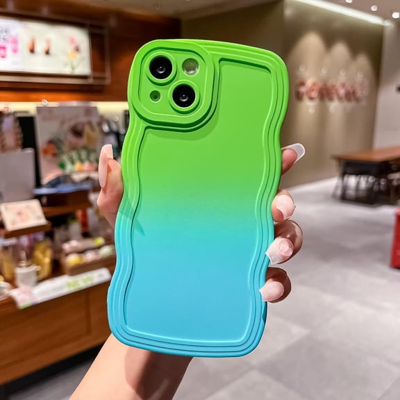 Case for iPhone 14 Pro,iPhone 14 Pro Case,Gradient Cute Curly Wave Frame Shape Shockproof Bumper Soft Silicone Protective Phone Case for iPhone 14 Pro,6.1 inch 2022 (Green/Blue)