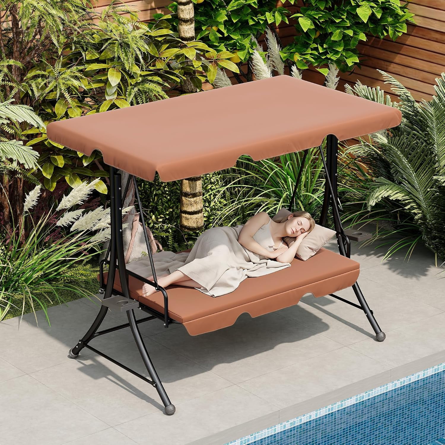 LAZZO 3-Seat Outdoor Porch Swing, Reclining Lounge Bed Convertible, Adjustable Canopy & Removable Cushions, Brown