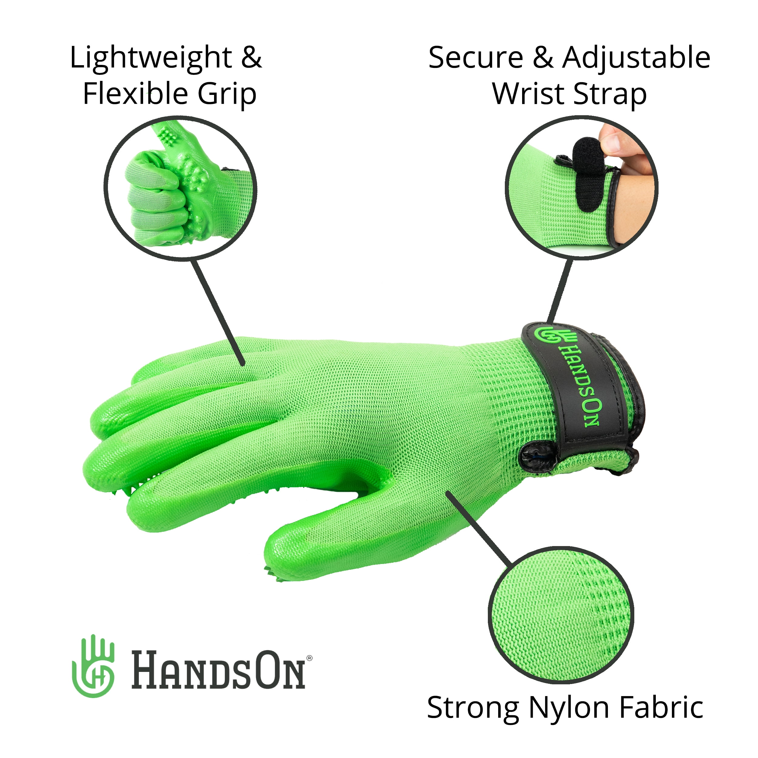 HandsOn Pet Grooming Gloves, Gentle Brush for Cats, Dogs and Horses, Mono Green Large, 2 Pair