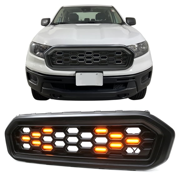 Ikon Motorsports Front Upper Grille, Compatible with 2019-2023 Ford Ranger XL/XLT/Lariat, Black Replacement Front Bumper Hood Grill w/ LED DRL Smoke Lens Arrow Signal