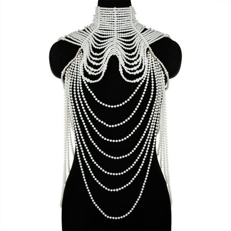 Women Multi Layered Simulated Pearl Bib Necklace Collar Beaded Tassel Faux Shoulder Chain Bra Top Body Jewelry for Wedding Dress Statement Accessories