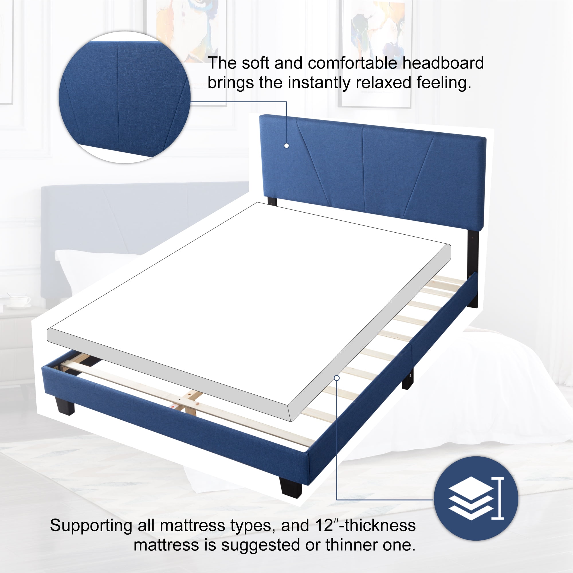 Gewnee Queen Size Platform Bed with Headboard,Fabric Upholstered Bed Frame,Strong Wood Slats Support,Easy Assembly,No Box Spring Needed (Navy Blue)