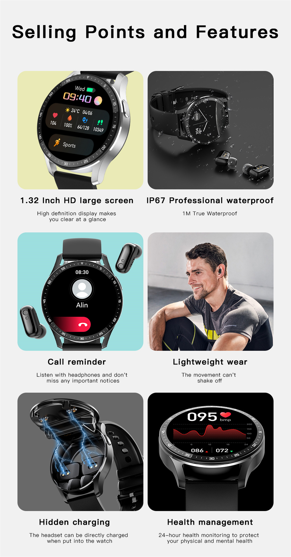 Impermeabile schermo rotondo X7 Smart Watch con auricolari 2 in 1 Smartwatch  In-ear Answering Call Men Sport Auricolari Orologio