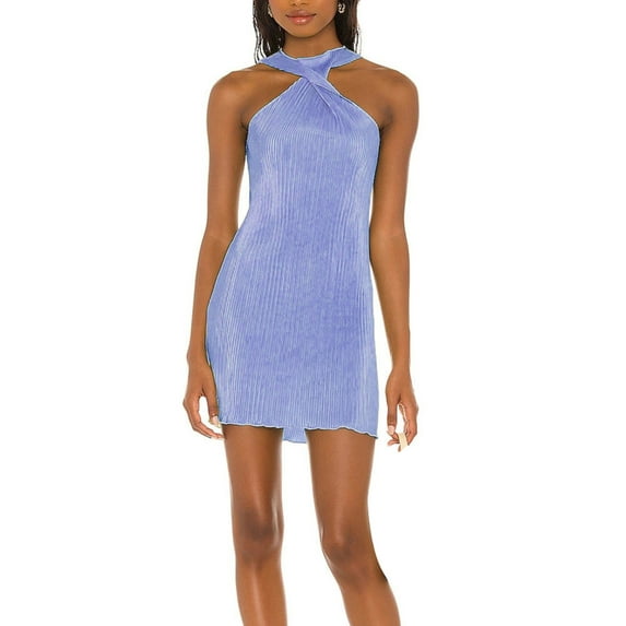 Seyurigaoka Women Summer Sheath Bodycon Mini Dress, Sleeveless Solid Color Twist Halter Neck Short Skirt