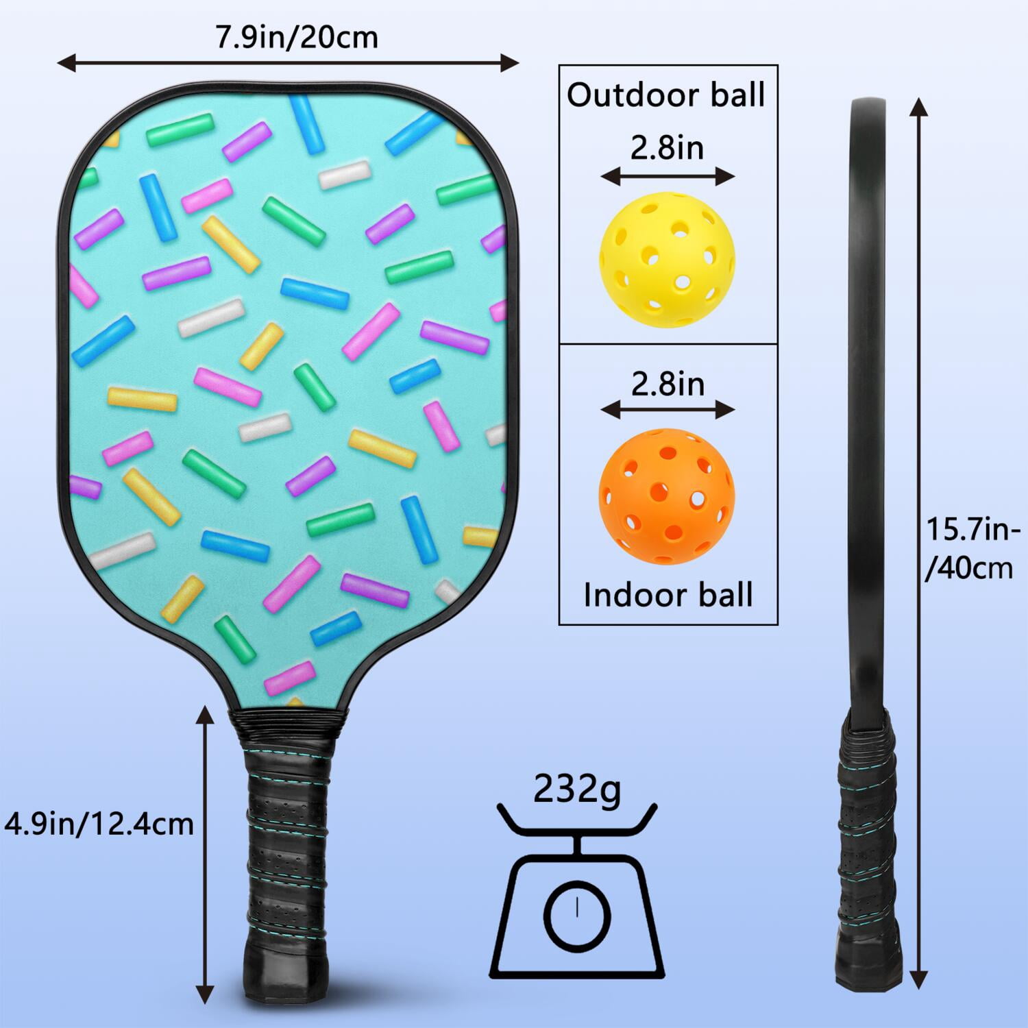Pickleball Paddles Set Of 1, Fiberglass Surface, Sweet Candy Print, 1 Paddle, 2 Balls & Bag