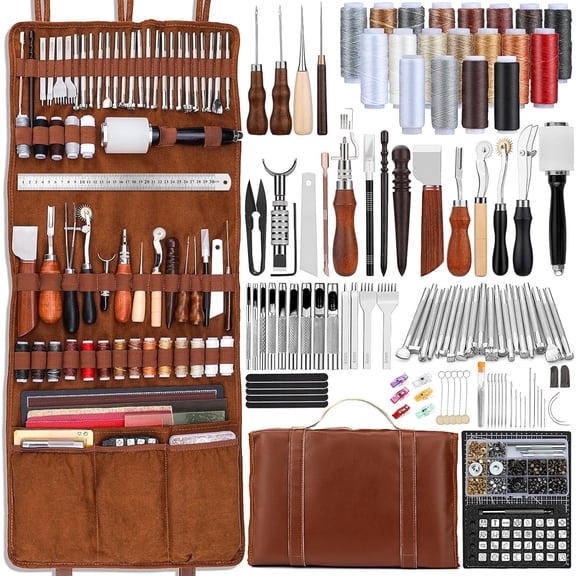 CCNZZITSHT Leather Tooling Kit Leather Craft Tools Leatherworking Kit with Custom Handbag Cutting Mats Engraving Punching Sewing Stamping Sanding Tools for Handicraft Work Professional