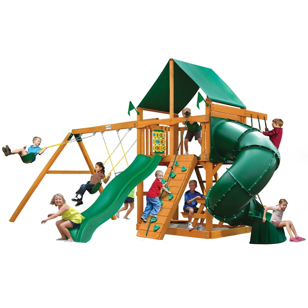 Gorilla Playsets Mountaineer Wooden Swing Set with Green Vinyl Canopy