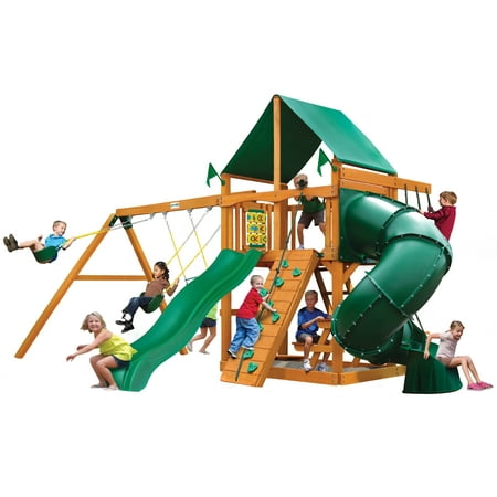 Gorilla Playsets Mountaineer Wooden Swing Set with Green Vinyl Canopy, Extreme Tube Slide, and Rock Climbing