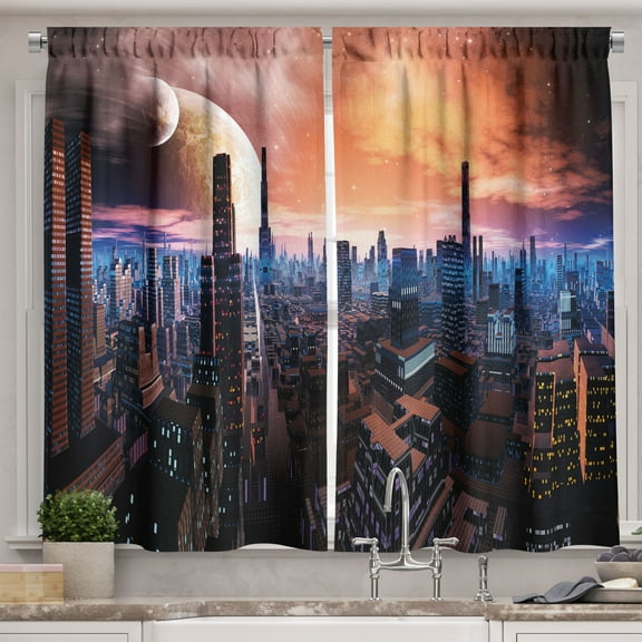 Ambesonne City Kitchen Curtains, Futuristic Distant World, 55"x45", Orange Blue Cinnamon