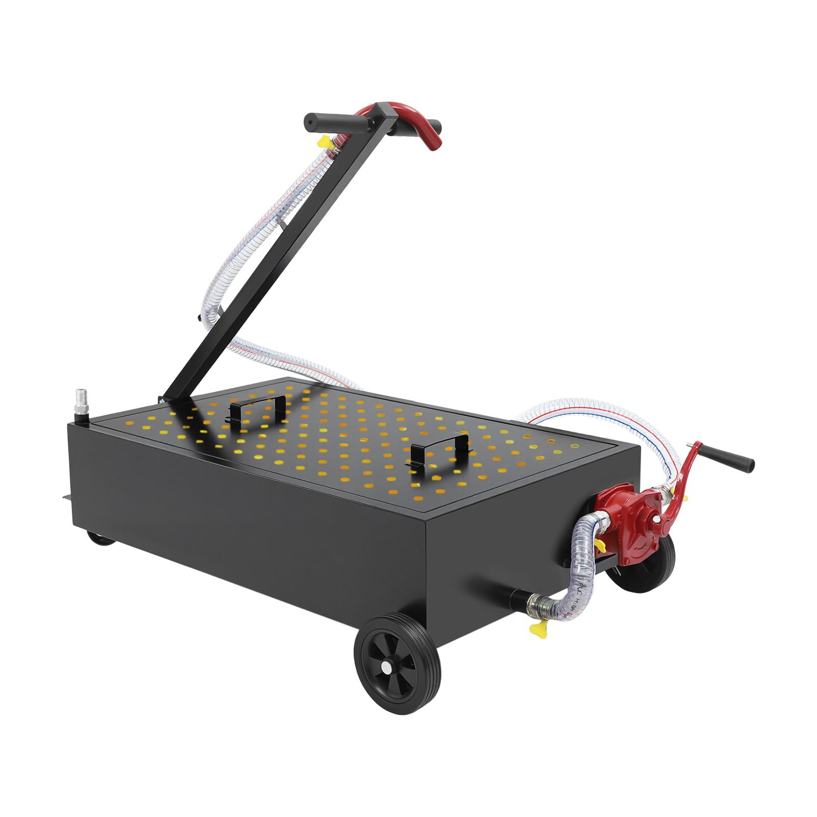 15Gal Oil Drain Pan with Manual Rotary Pump, 7.2ft Hose & Wheels, Heavy-Duty Steel Fluid Collection Tank for Automotive Industrial Workshop