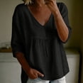 thumbnail image 2 of Lenpel Womens Cotton Linen Tops V Neck 3/4 Sleeve Solid Color Shirts Casual Loose Fit Fashion Lace Patchwork Blouses, 2 of 7
