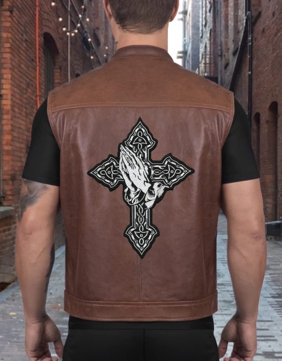 Cross Praying Hands Patch 14" | Religious Christian Catholic Celtic | Embroidered Iron On | Large - by Nixon Thread Co.