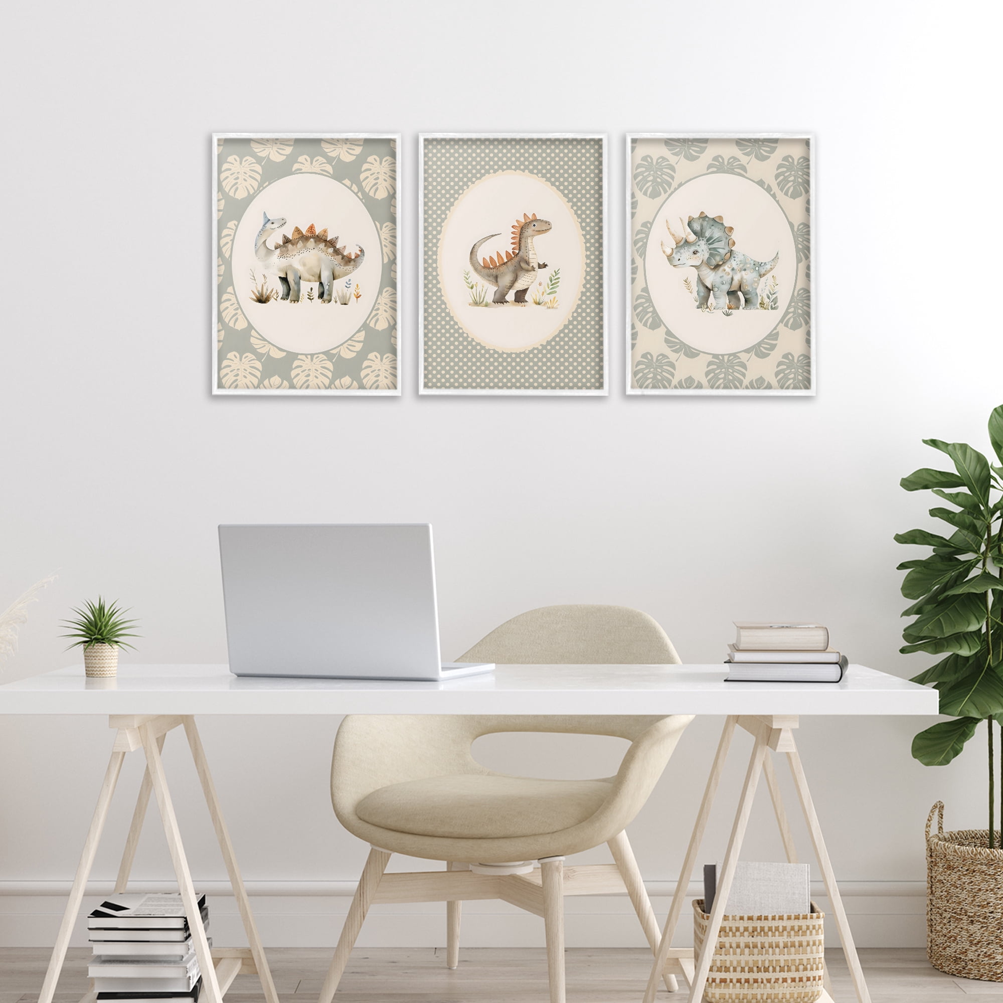 Stupell Industries Nursery Dinosaurs Tropical Border 3 Piece White Framed Giclee Art Set, design by LSR Design Studio