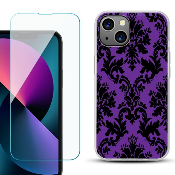 Slim-Fit Gel TPU Phone Case for iPhone 13 Mini, with Tempered Glass Screen Protector, by OneToughShield ® - Victorian Purple/Black