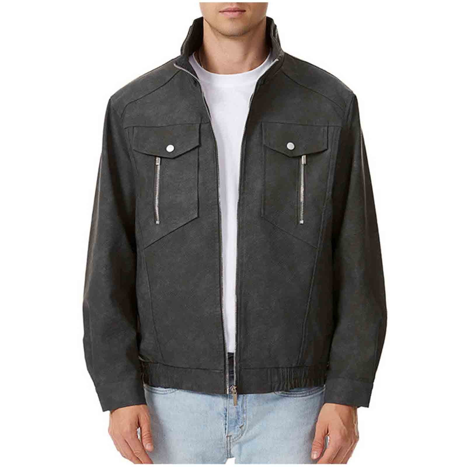 Abomasnow Men's Big & Tall Faux Leather Denim Jacket Vintage Zip Up Turtleneck Jean Jacket with Multiple Pockets M-4XL