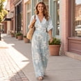 thumbnail image 7 of Women's One Piece Jumpsuits Casual V-Neck Short Sleeve Wide Leg Rompers Summer High Waist Beach Vacation Outfits with Pockets, 7 of 7