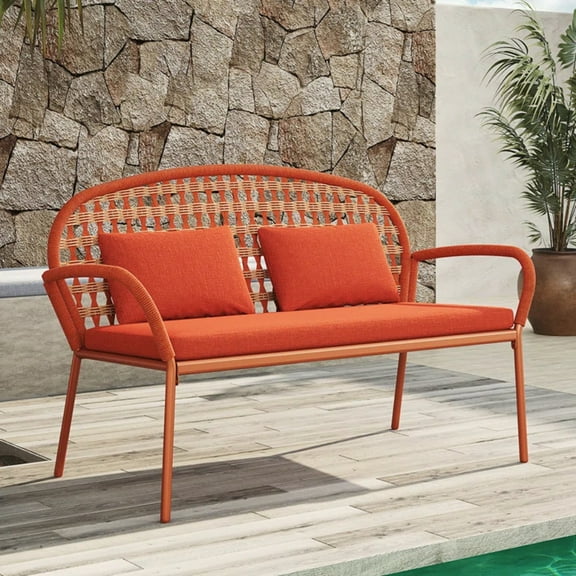 Grand Patio Retro Style Red Cotton Rope Woven Backrest Bench with Pillows, Full Iron Frame for Indoor & Outdoor Parks