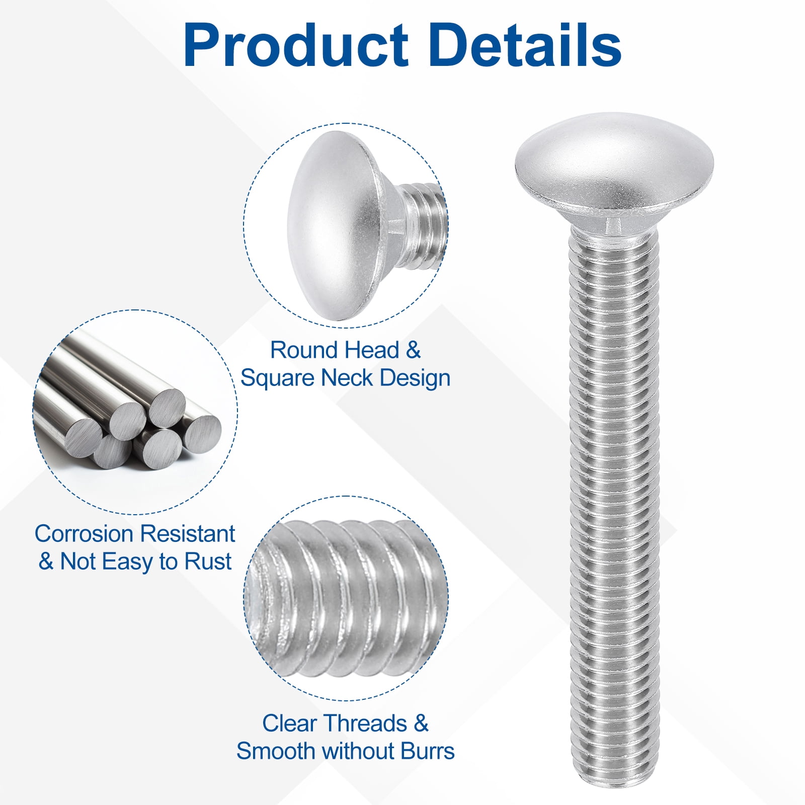 Uxcell 5Pack 1/2"-13x5-1/2" Stainless Steel Carriage Bolts Round Head Square Neck, Silver
