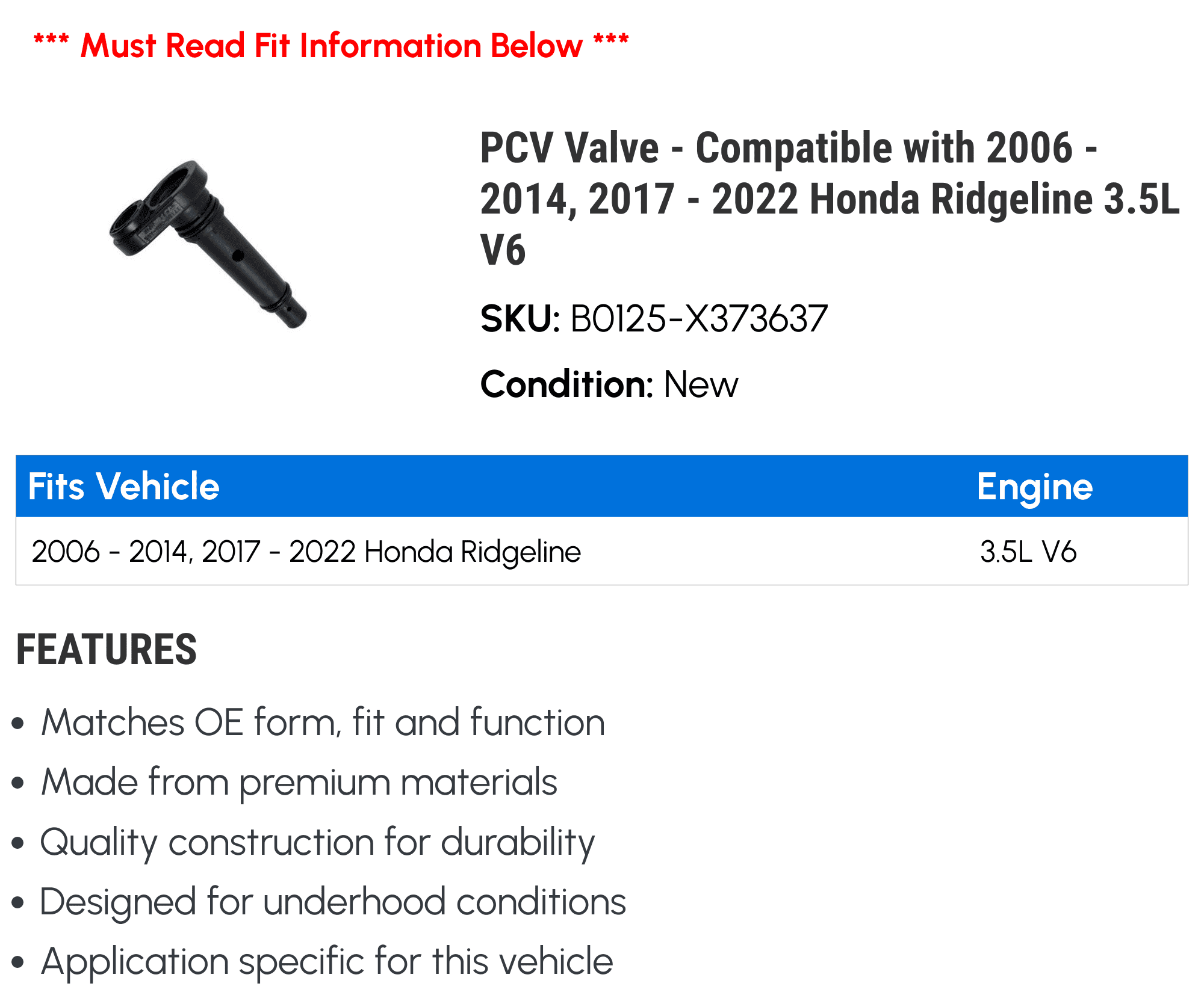 PCV Valve - Compatible with 2006 - 2014, 2017 - 2022 Honda Ridgeline 3.5L V6 2007 2008 2009 2010 2011 2012 2013 2018 2019 2020 2021
