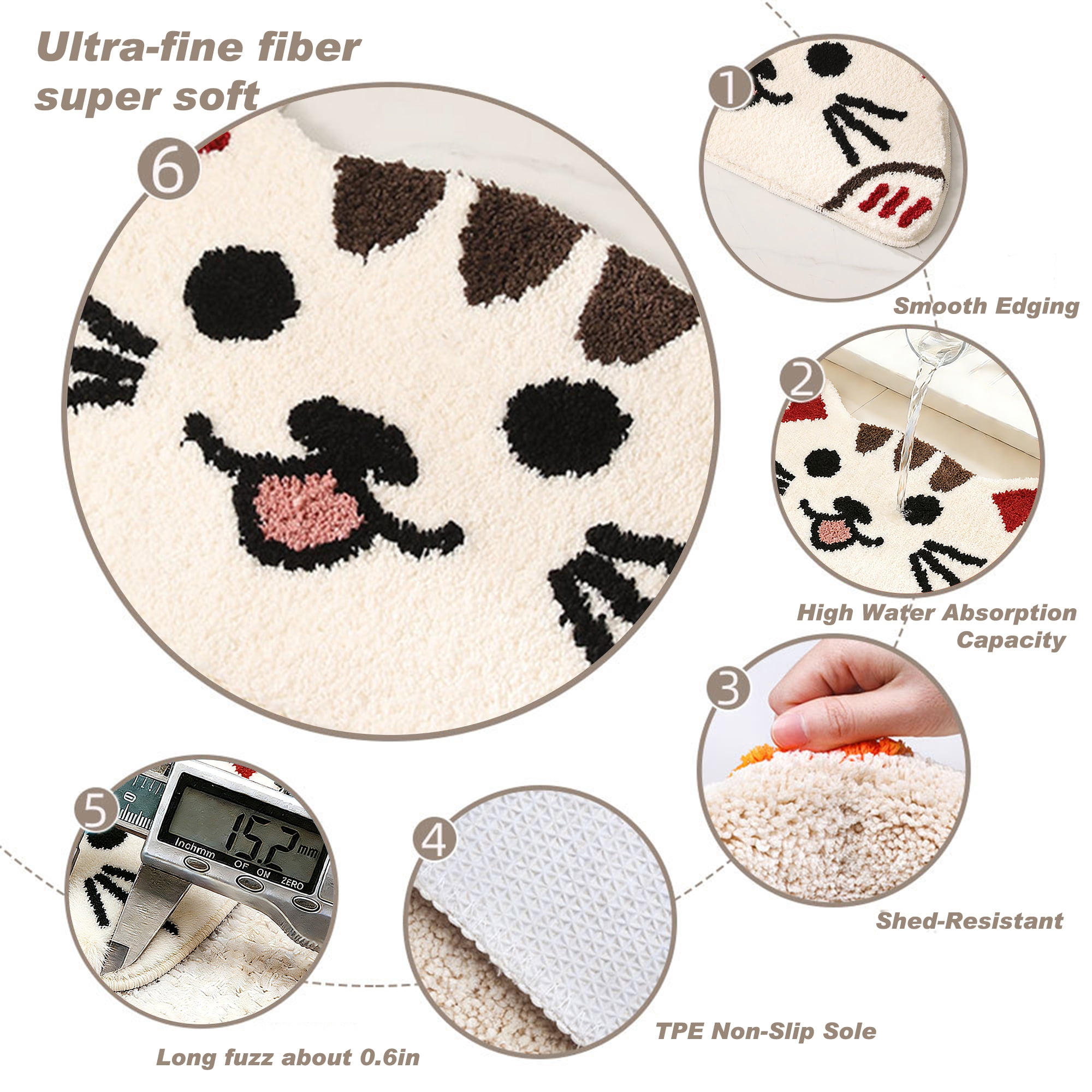 Kaisaatti Super Soft Absorbent Bath Mat-Cute Animal Pattern, Non-Slip TPE Backing, Machine Washable Quick Dry Bathroom Rug,15.7x27.6"(white cat,2pack)