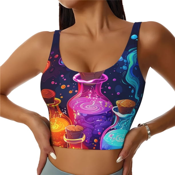 Balery Colorful Potion Bottles Magic Sujetadores deportivos con espalda cruzada para mujer, acolchados, sin costuras, de alto impacto, ideales para yoga, gimnasio, entrenamiento y fitness.-Large