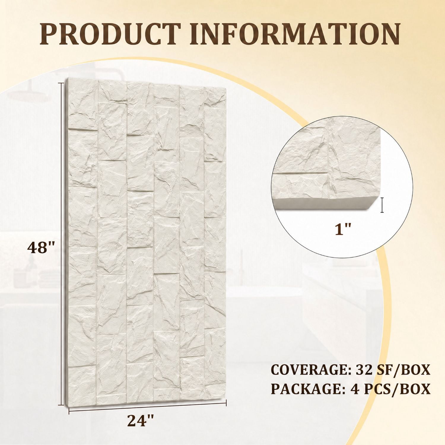 Easy4Home 4Pcs 48"x24" 3D Faux Stone Wall Panels Imitation Decorative Wall Tiles for Interior Wall Decor, Ivory White