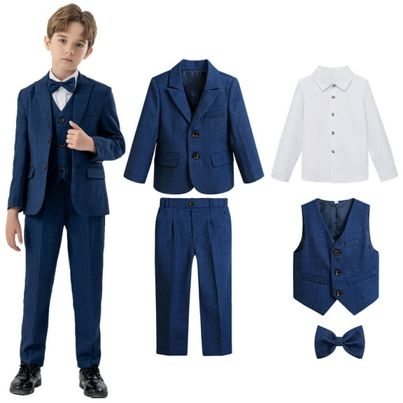 Delliss Boys' 5 Piece Trendy Wedding Party Formal Suit Set, Coat, Vest, Pants, Collared Dress Shirt And Bow Tie Festival Clothes