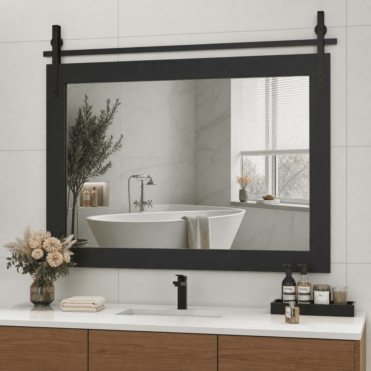 40x26-Inch Farmhouse Bathroom Mirror with Faux Wood Grain Frame, Rustic Wall Mounted Vanity Mirror and Decorative Mirror for Bathroom, Black
