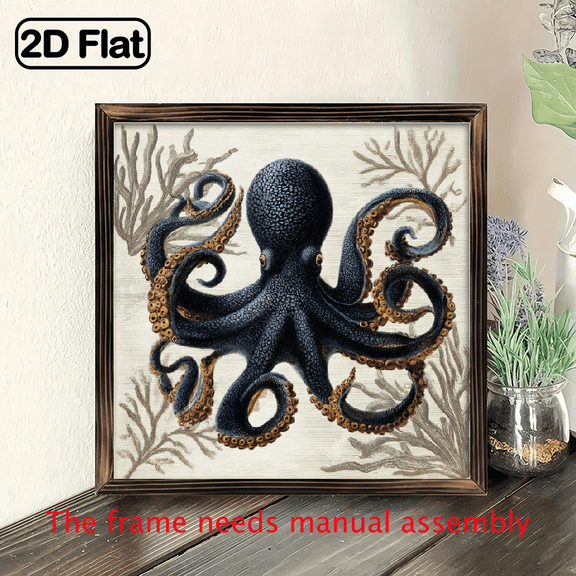 2D Flat 1pc 8x8 Inch Framed Octopus Art - Vibrant Blue Purple Octopus with Coral Reef Design, Wooden Frame for Home Decor, Wall Art Decor, Vibrant Wall Art, Decorative plague, 8*8in