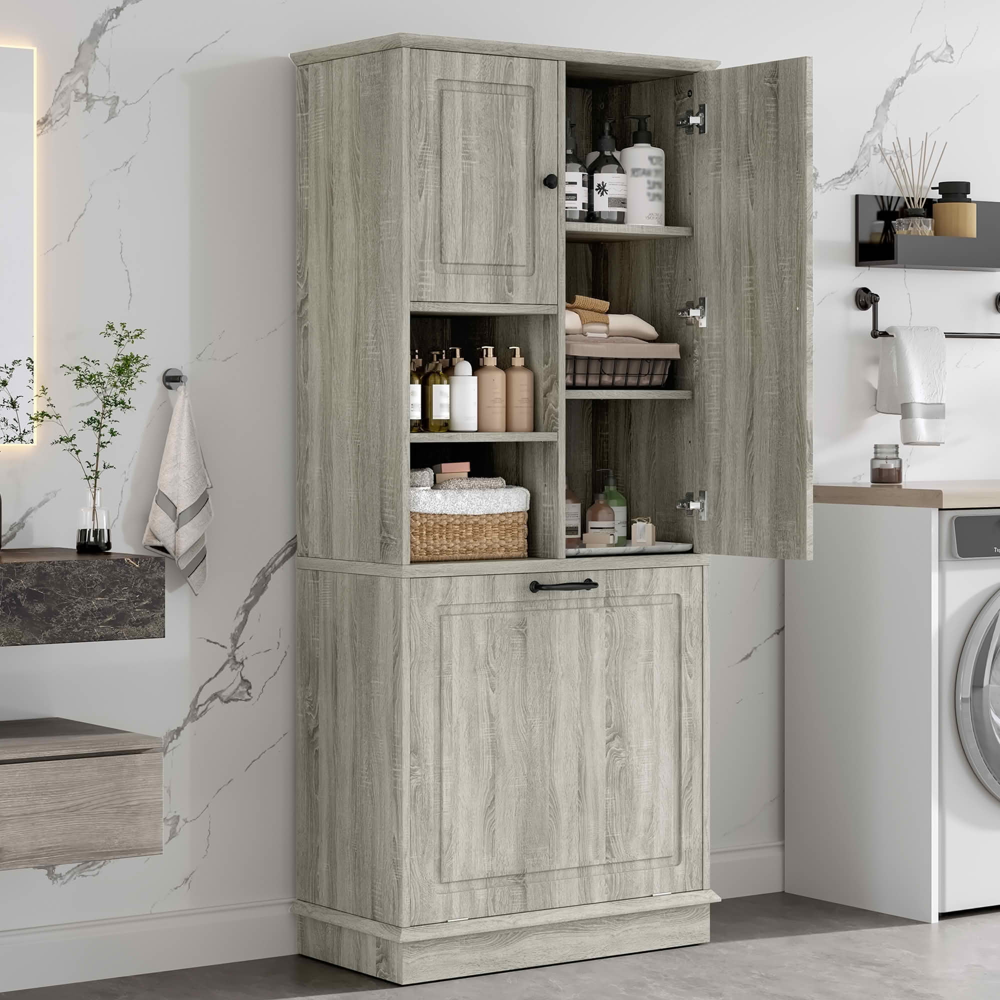 MAYEERTY Tall Storage Cabinet, Adjustable Shelves Large Flip-Out Basket Enclosed Cabinets MDF Aluminum Alloy Handles, Bathroom Living Room Office