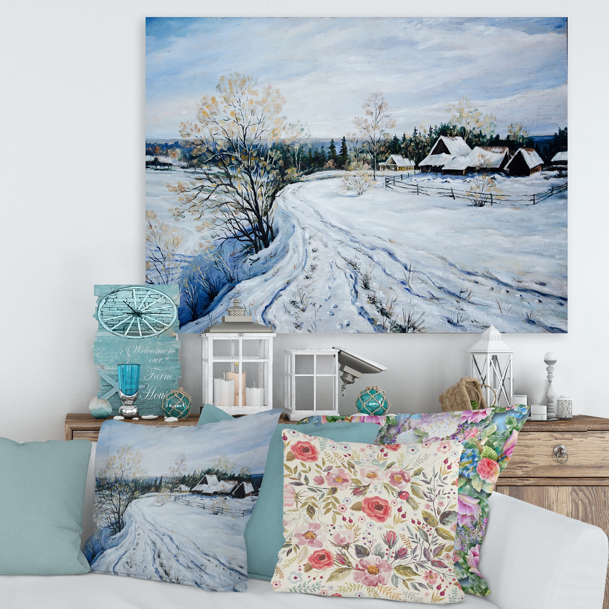 Country Road In Winter Times Landscape II 32 in x 16 in Painting Canvas Art Print, by Designart