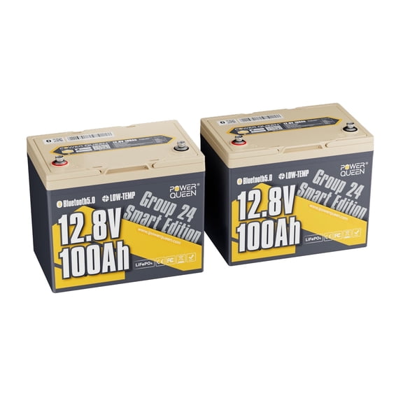 Power Queen 2 PACKS 12V 100Ah Group 24 Bluetooth Lithium Battery LiFePO4 For RV Camper Trailer