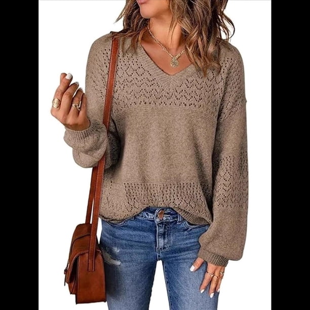 Suéteres de Punto para Mujer, Otoño, Cuello en V, Larga, Suéter Informal Holgado. Café S