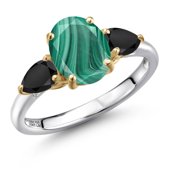 Gem Stone King 925 Silver and 10K Yellow Gold Green Malachite and Black Onyx Engagement Ring for Women | 3.26 Cttw | Oval 9X7MM | Gemstone Birthstone | Size 8