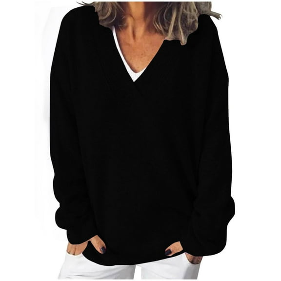 Lightweight Sweaters For Women Knitted Worn Over Long Sleeved Solid Color V Neck Winter Outfits Black Fall Clothes Tunic Tops (M)