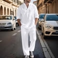 thumbnail image 2 of Men's Linen Two-Piece Suit Set, Casual Long Sleeve Shirt & Pants for Fall Spring,White,L, 2 of 5
