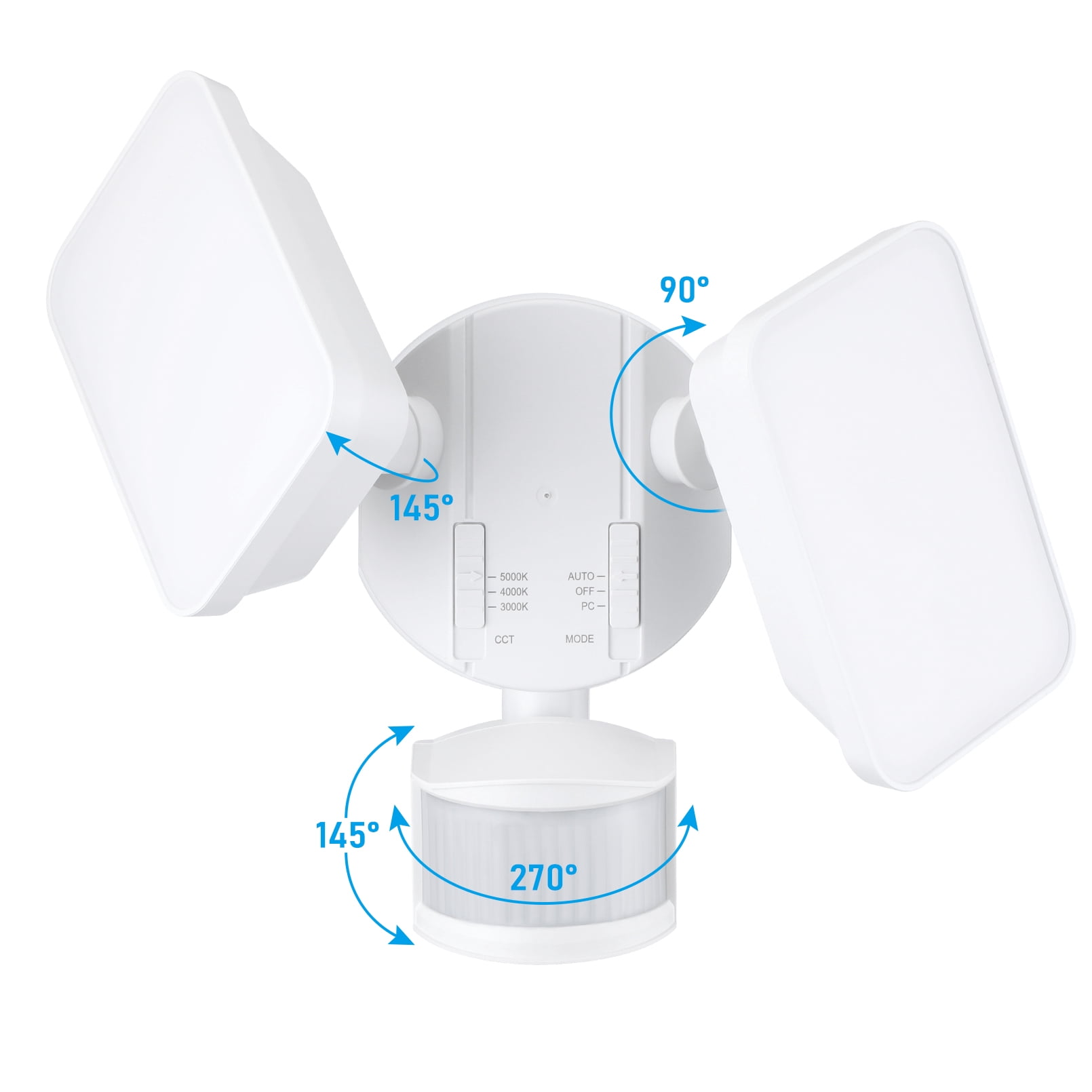 4 Pack 25W 3CCT Dual Head Plug-in LED Security Light, Motion Sensor & Dusk to Dawn Floodlight, 3 Lighting Modes, 3000K/4000K/5000K Selectable, ETL&FCC Listed, White