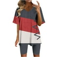 thumbnail image 2 of Wyobmus Women 2 Piece Short Outfits Set Color Blocked Half Sleeve V Neck T Shirt Biker Shorts Loose Fit Workout Tracksuit B-Gray, 2 of 6