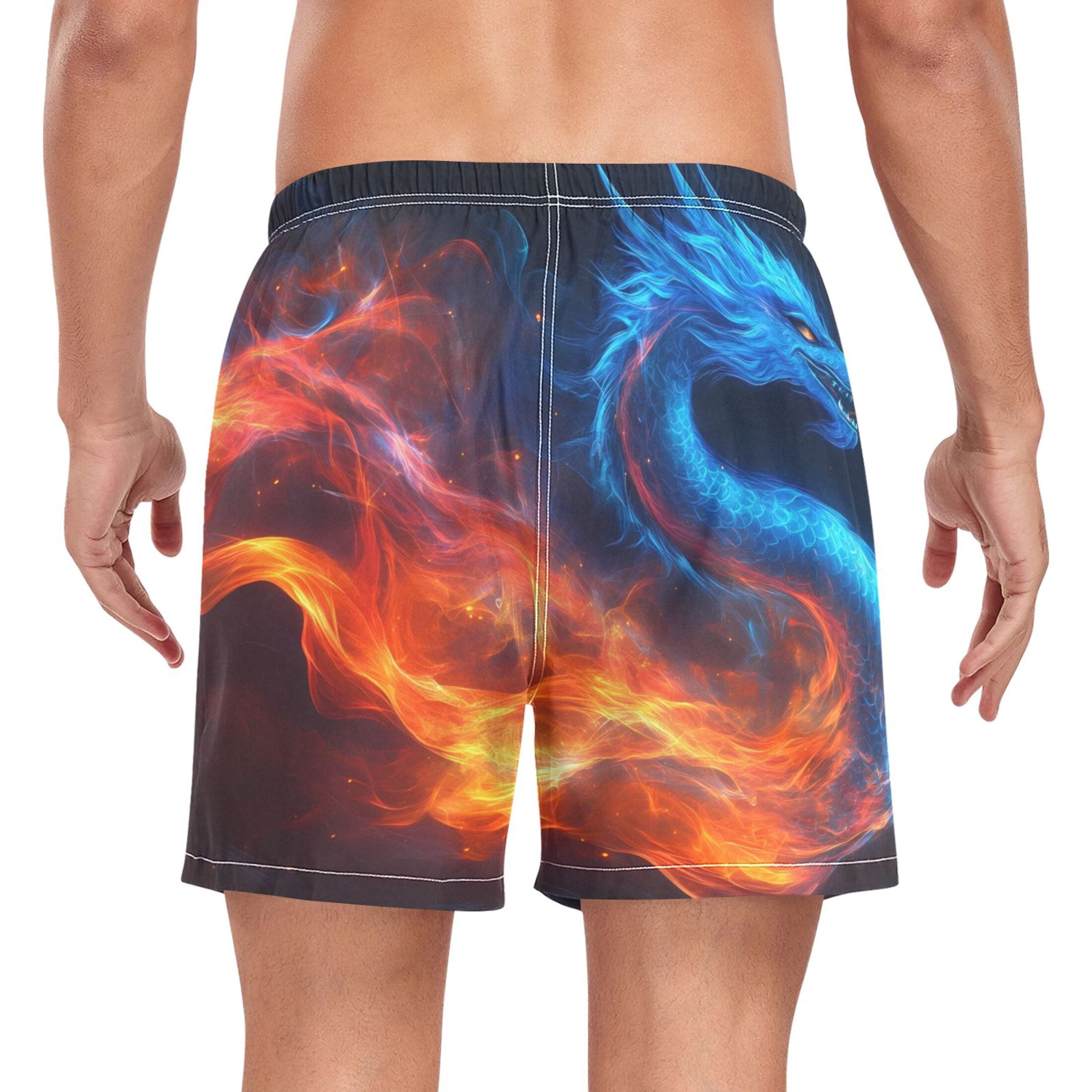 joogoo Men's Fire Dragon Swim Trunks with Liner Pocket Beach Shorts Medium