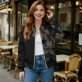 thumbnail image 2 of COEQINE Women's Bomber Jacket Full Zip Loose Fit Blazer Jackets Long Sleeve Cropped Motorcycle Coat Streetwear with Pockets, 2025 Fall Winter Outfits, Medium, Tropical Hibiscus Floral, 2 of 7