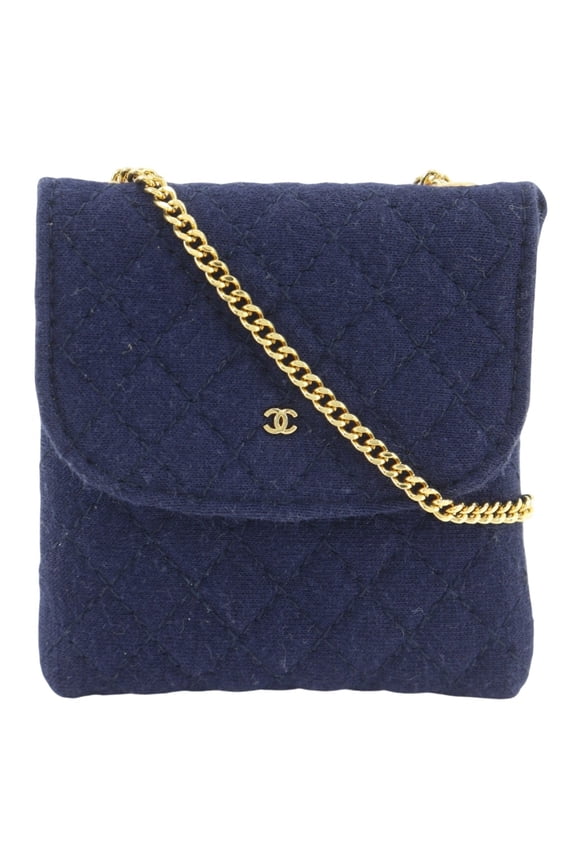 Pre-Owned Chanel Chain Pouch, Micro Matelass Cotton, Navy, Snap Button, Women's
