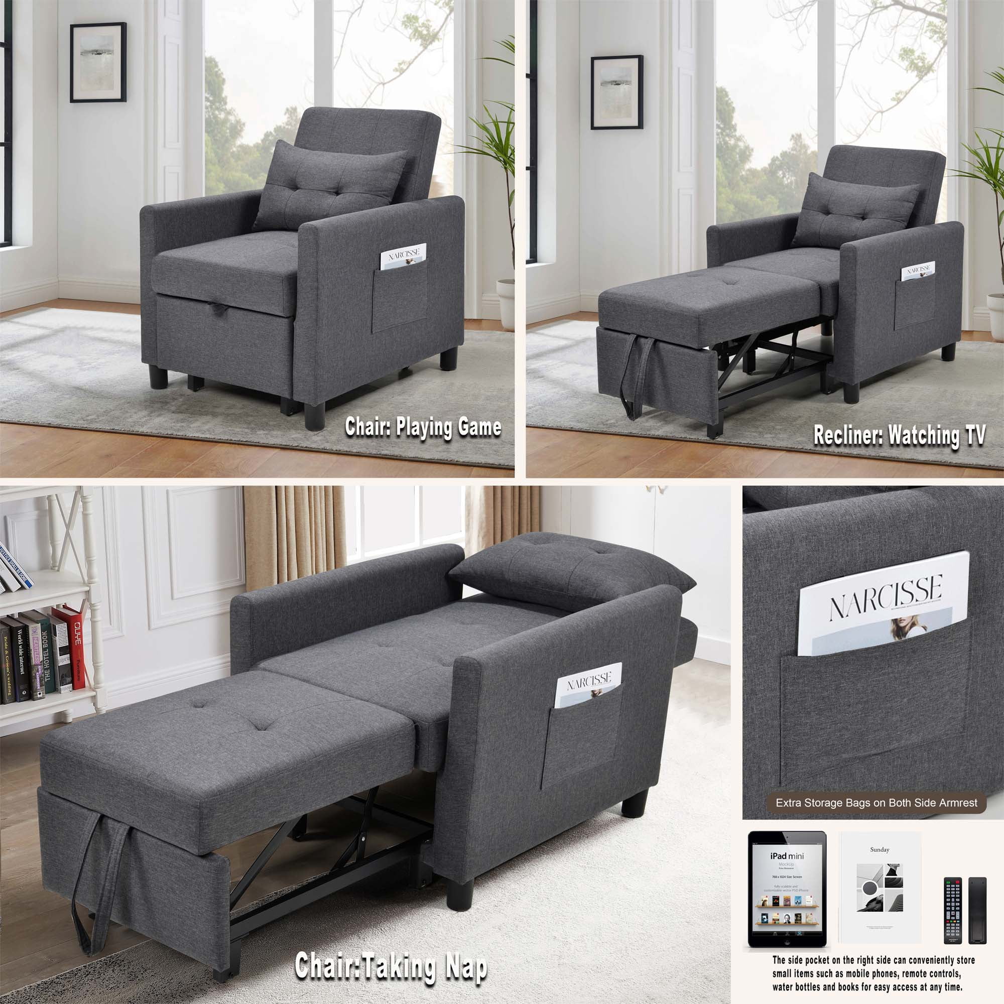 Aukfa Single Sofa Bed with Pull Out Sleeper, Convertible Futon Chair with Pocket for Living Room/Small Space - Dark Gray