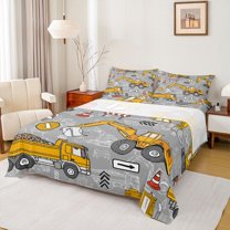 Homewish Construction Truck Child Full Size Sheets, Grey Yellow Bed Sheets, Cartoon Vehicle Theme Sheet Sets, Ultra Soft Bedroom Decor, 4-Piece