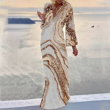 

YANHOO Fashion Women Summer Loose Casual Print V-Neck Long Sleeve Long Dresses for Women 2023