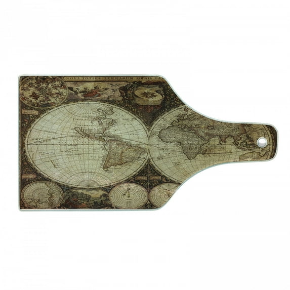 World Map Cutting Board, Old World Map Drawn in 1720s Nostalgic Style Art Historical Atlas Vintage Design, Tempered Glass Cutting and Serving Board, Wine Bottle Shape, Multicolor, by Ambesonne