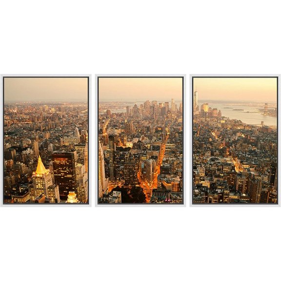 PixonSign Framed Canvas Print Wall Art Set Aerial View New York City Dusk Urban Architecture Photography Realism Scenic Landscape Decorative Colorful Multicolor for Bedroom - 16"x24"x3 White
