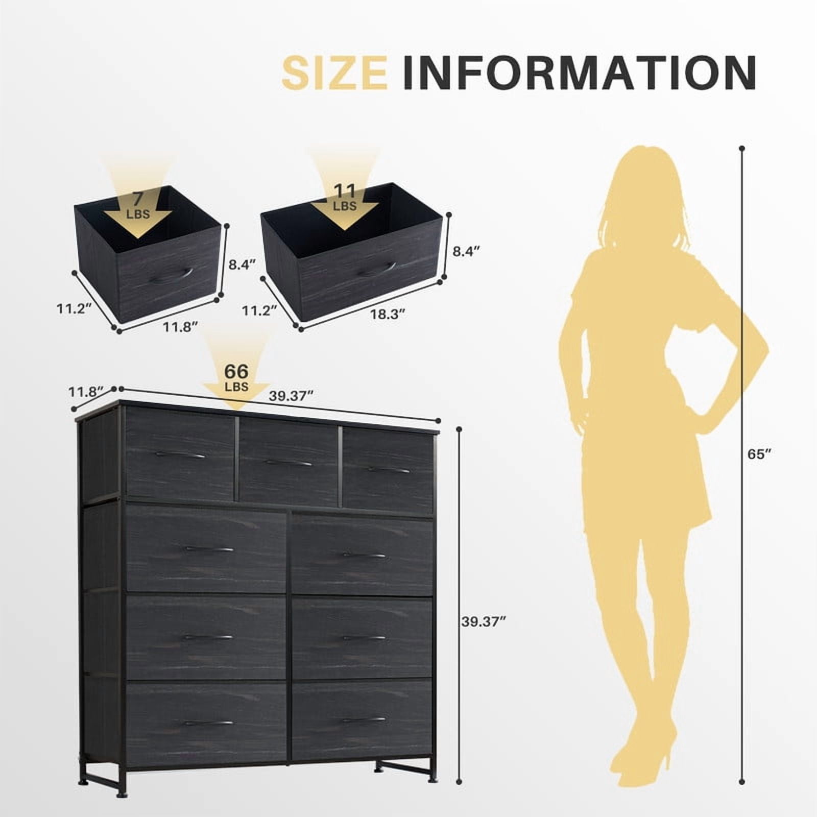 Simenmax 9 Drawers Dresser for Bedroom, Tall Fabric Closet Chests Organizer Tower Furniture with Wooden Top Metal Frame for Bed Room, Living Room, Hallway, Entryway,Black Wood
